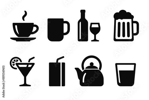 Silhouette beverage icons collection: coffee, tea, cocktails, and more