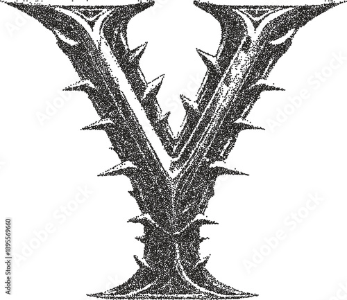 Spike letter Y y2k retro stipple art letter brutalist halftone vector png transparent, sharp 2000s photocopy effect tattoo aesthetic