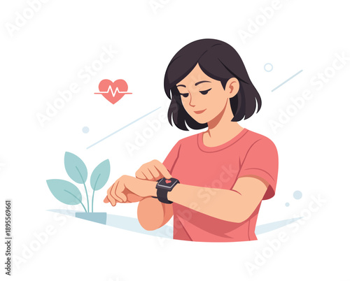 Woman checking heart rate on smartwatch with heart symbol in background