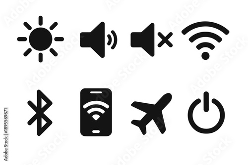Essential black icons for digital devices: wi-fi, bluetooth, and power symbols