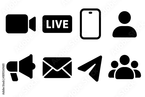 Communication and media symbols in icon set for digital platforms