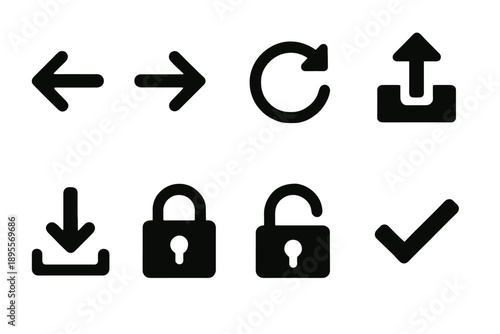 Minimalist black icon set featuring arrows, locks, and interactive symbols