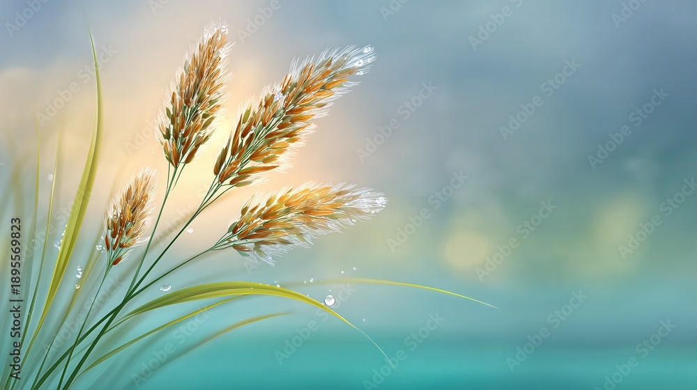 Fototapeta premium Wellness Plants Growing by Water With Drops on Grass During the Day With Blue and Green Colors