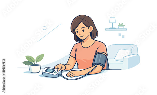 Woman measuring blood pressure at home using digital monitor