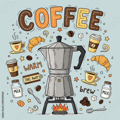 A hand-drawn illustration of a moka pot brewing coffee surrounded by various coffee-related items, snacks, and text.