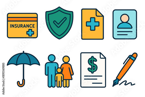 Colorful icons representing insurance, security, and family concepts
