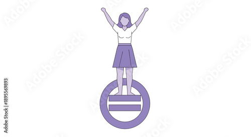 Woman standing on equality symbol with arms raised.