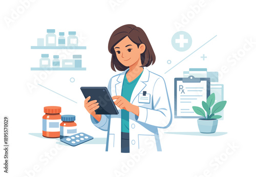 Female pharmacist using tablet in pharmacy with medicine bottles