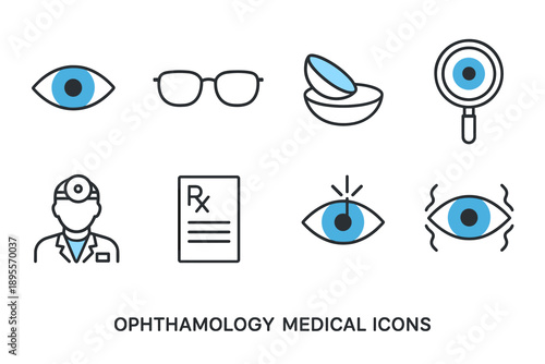 Comprehensive ophthalmology icon set featuring eye care symbols in linear design