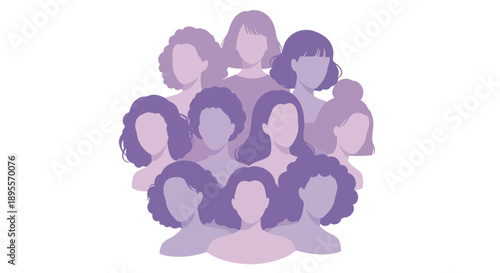 Diverse group of womens faces in various shades of purple.