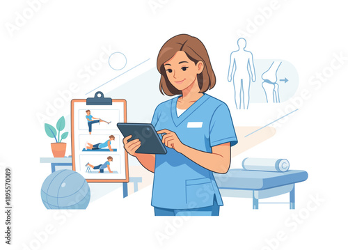 Female physiotherapist using tablet in clinic with exercise diagrams