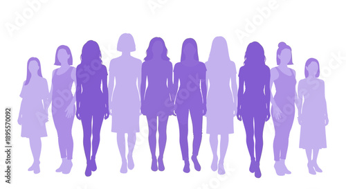 Diverse group of women standing together in various shades of purple.