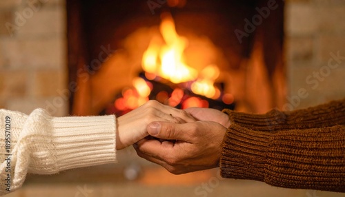 Cozy Connection - Hands Held by Fireplace Warmth and Love.