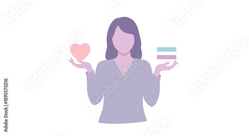 Woman balancing heart and money symbols representing choice.