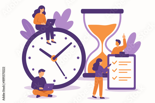 Efficient time management concept with clock, hourglass, and teamwork