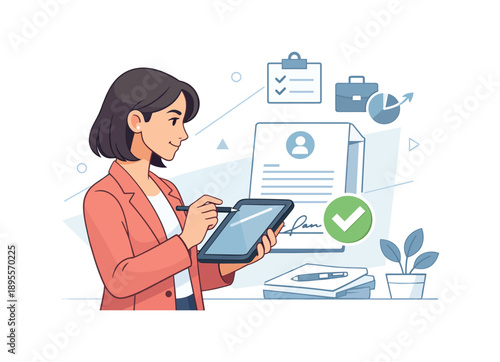 Woman using digital tablet for document signing in modern office environment