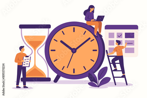 Time management concept with clock, hourglass, and people organizing tasks