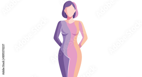 Elegant woman in gradient dress standing confidently.