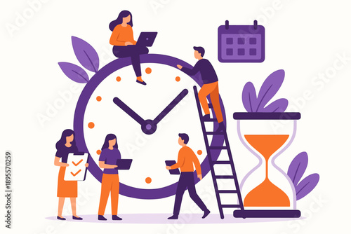 Time management concept with people and clock in flat design