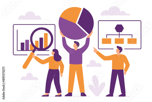 Business team analyzing data with charts and diagrams in flat design