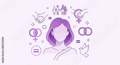 Woman surrounded by symbols of gender equality and human rights.