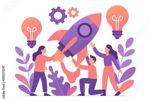 Collaborative teamwork for startup launch in a modern flat design