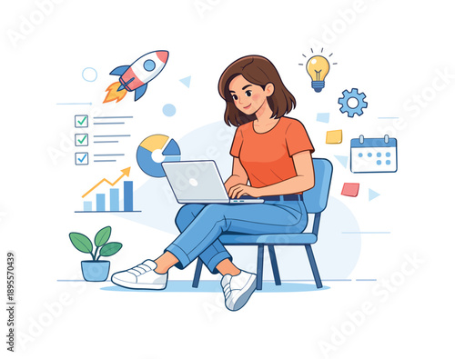 Woman using laptop surrounded by business and technology icons