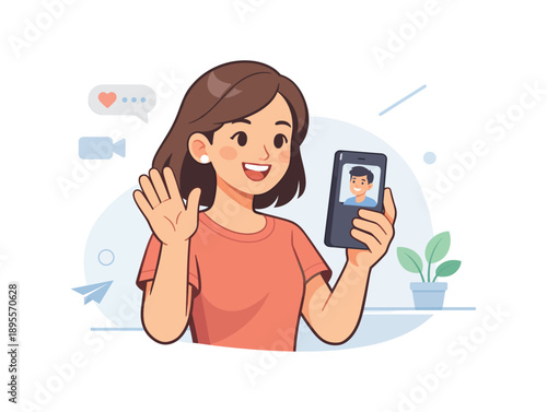 Woman video calling on smartphone with smiling face and waving hand, flat design