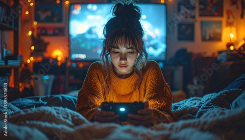 Cozy Evening - Young Woman Gaming in Bed with Ambient Lighting.
