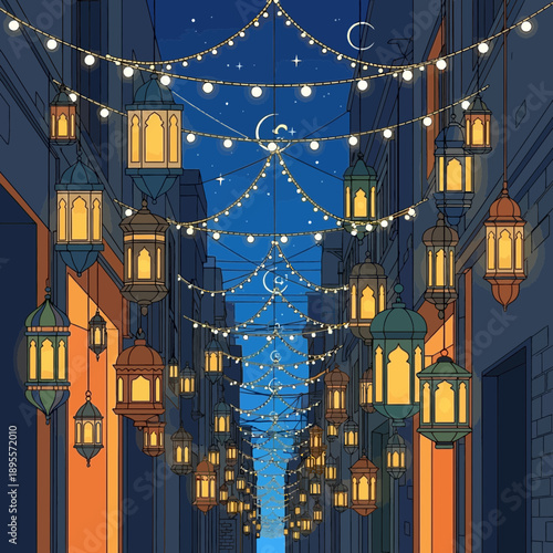 A serene alleyway adorned with lanterns and twinkling string lights at dusk, creating a warm ambiance.