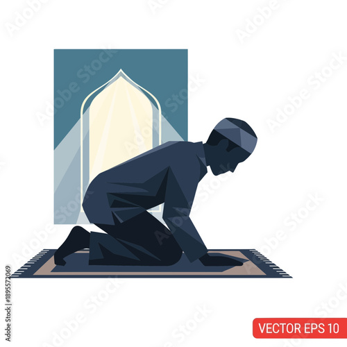 Man kneeling in prayer on a mat in front of an archway, viewed from the side in a serene environment