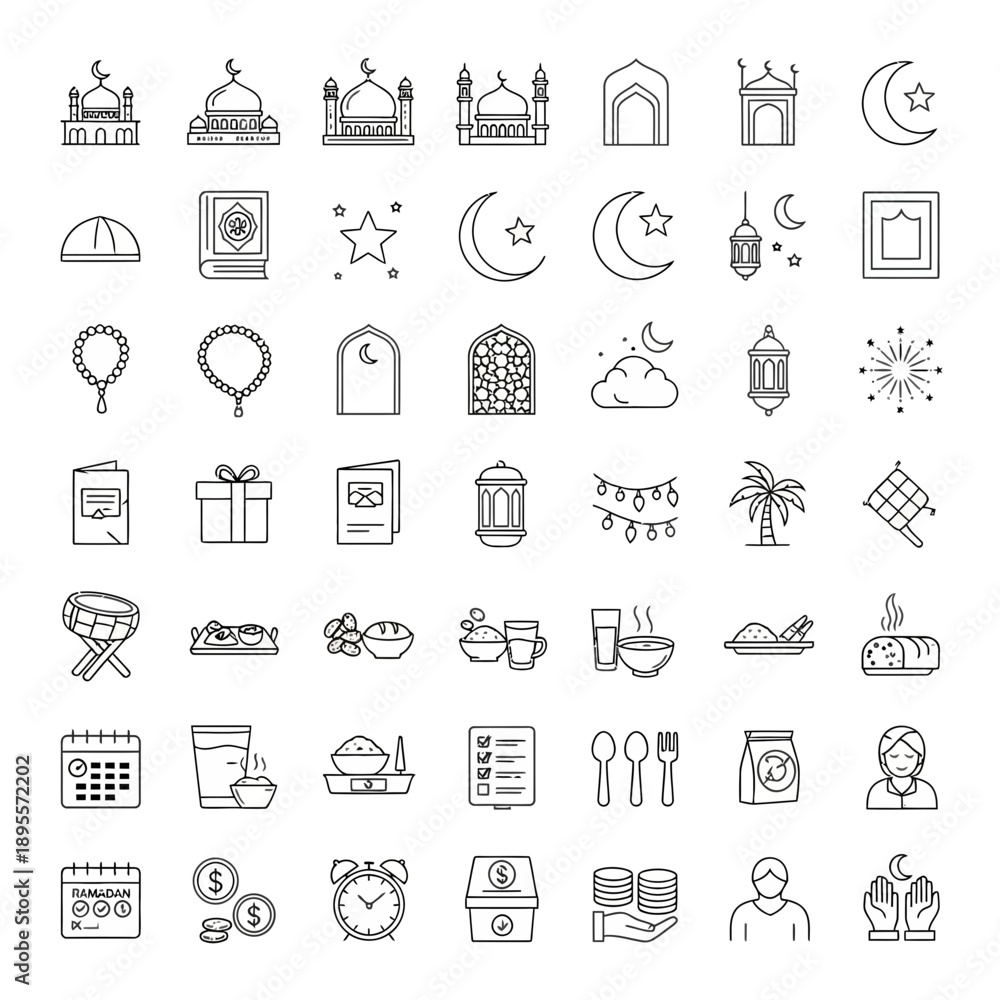 Fototapeta premium Collection of Islamic icons and symbols representing various religious and cultural elements in a simple line art style