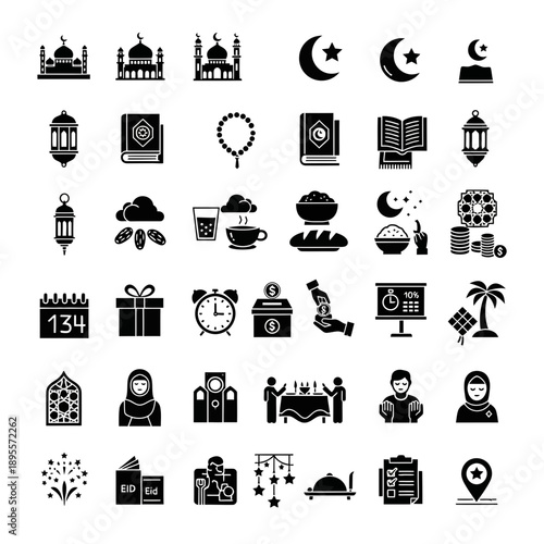 Collection of Islamic icons representing various religious and cultural symbols, holidays, and practices in a simple, monochromatic style, viewed from a straightforward perspective.