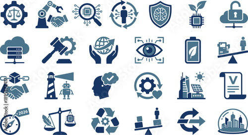 Ethical automation and responsible innovation icons representing technology and industry concepts in a modern digital illustration
