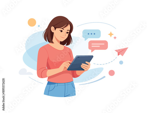 Woman using tablet with abstract shapes and speech bubbles, flat vector art