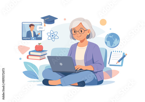 Senior woman learning online with laptop, illustrated educational concept
