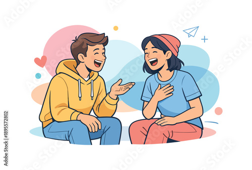 Smiling friends conversing in casual outfits, vibrant vector illustration