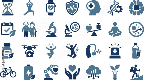 Collection of blue icons representing health, wellness, and technology concepts in a grid layout from a direct viewpoint