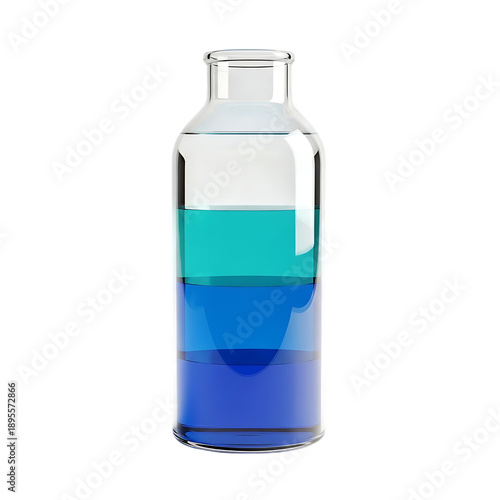 Clear glass bottle filled with three layers of blue and turquoise colored liquid substances