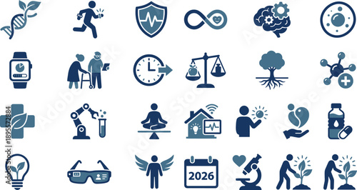 Collection of blue icons representing various aspects of longevity, lifestyle, and worklife in a grid layout, depicted from a straightforward viewpoint.