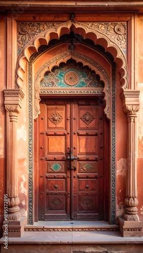 Wallpaper Mural Ornate, carved double door with arched frame set in a weathered terracotta colored wall Torontodigital.ca