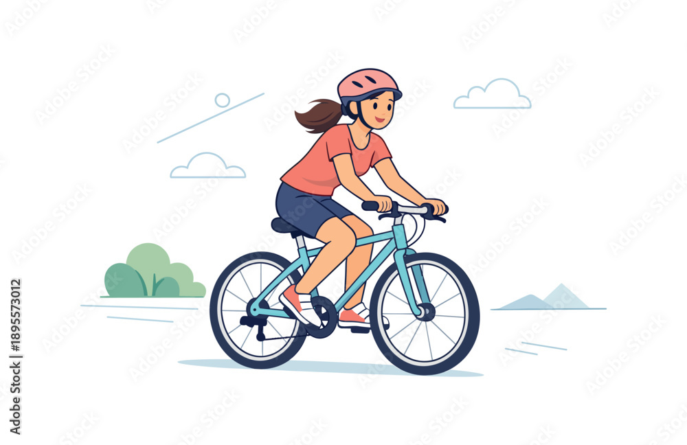 Fototapeta premium Woman riding bicycle in outdoor scene, flat vector illustration
