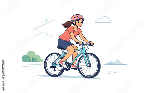 Woman riding bicycle in outdoor scene, flat vector illustration