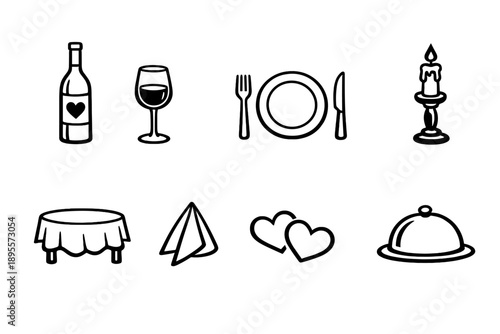 Valentine’s Day romance romantic dinner items in outline vector style: wine bottle, wine glass, dinner plate, fork, knife, table candle, tablecloth, napkin