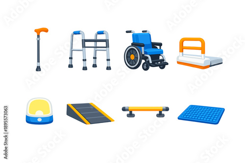 Mobility and safety aids in flat style: cane, walker, wheelchair, bed rail, night light, ramp panel, handrail, floor mat