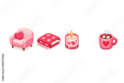 Valentine’s Day Care cozy comfort items in isometric flat style: armchair, throw blanket, candle, mug
