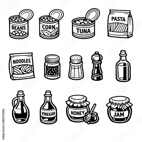 Pantry Goods Spill in outline vector style: canned beans, canned corn, canned tuna, pasta pack, noodle pack, spice jar, salt shaker, pepper grinder, cooking oil