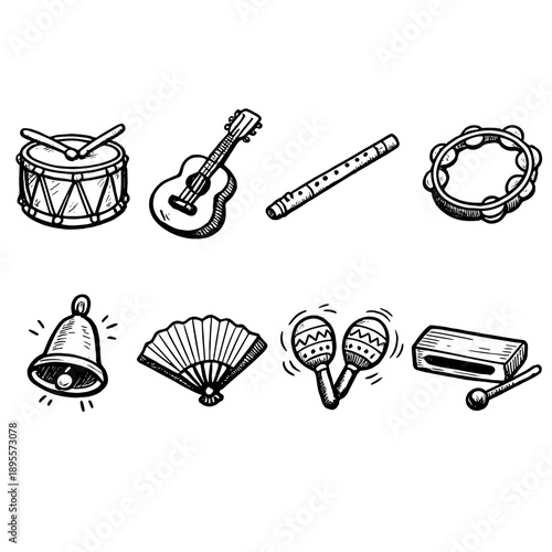 Music and performance instruments in doodle style: drum, string instrument, flute, tambourine, bell, hand fan, maraca, percussion block