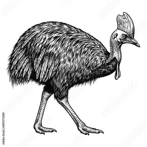 Black and White Cassowary Illustration with Helmet‑Like Casque, Facing Right, Australian Habitat