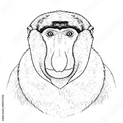 Black-and-White Mandrill Head Facing Forward Illustration on Plain White Background